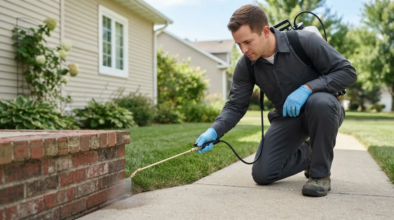 Pest control technician treating a home near Treynor, IA